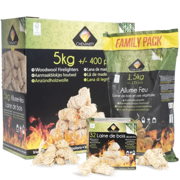 Houtwol aanmaakblokjes, 32p+1.5kg+5kg, Cheminett