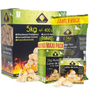 Allume-feux laine de bois, 32p+1kg+1.5kg+5kg, Cheminett