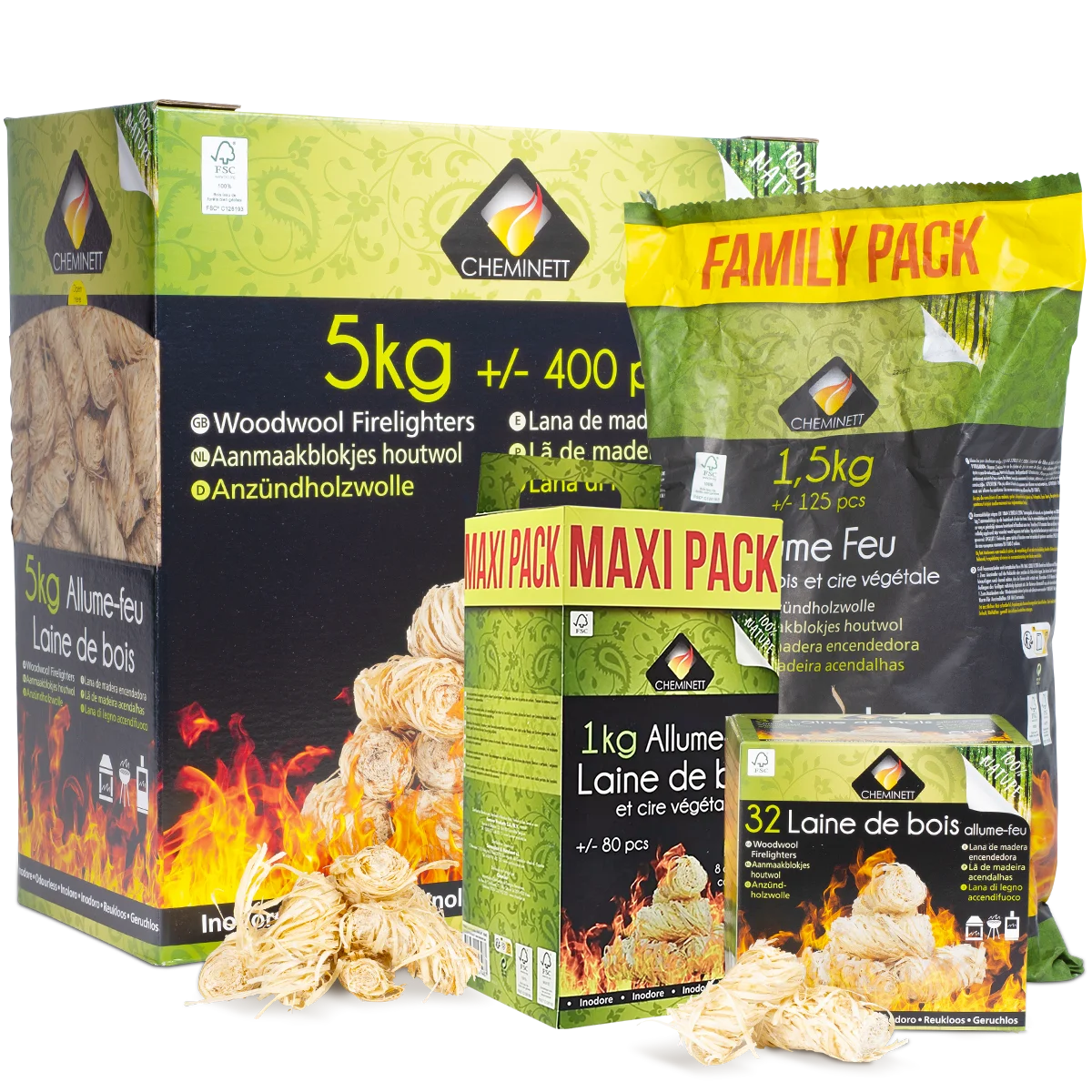 Allume-feux-laine de bois_32p+1kg+1.5kg+5kg_Cheminett Allume-feux laine de bois, 32p+1kg+1.5kg+5kg, Cheminett